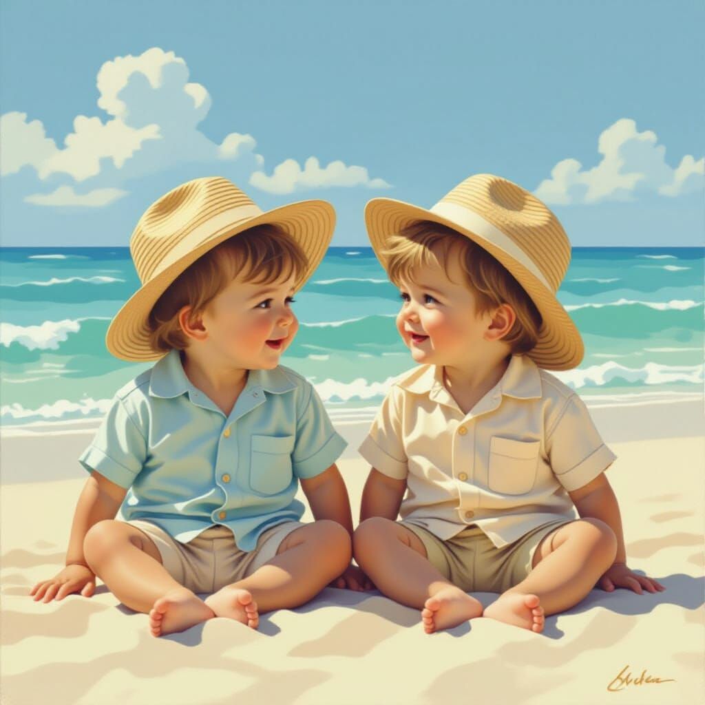 Twin Boys on Beach in Whimsical Pastel Style