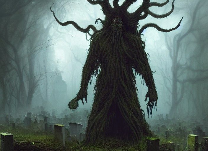 an ancient Lovecraftian god standing in an overgrown cemetar...