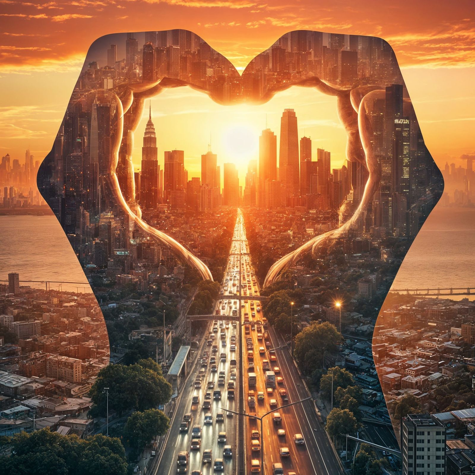 The heartful gate into the golden sunset