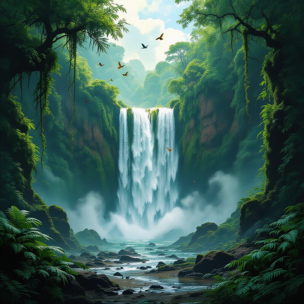 Emerald Waterfall in Lush Rainforest, Hyperrealistic Style