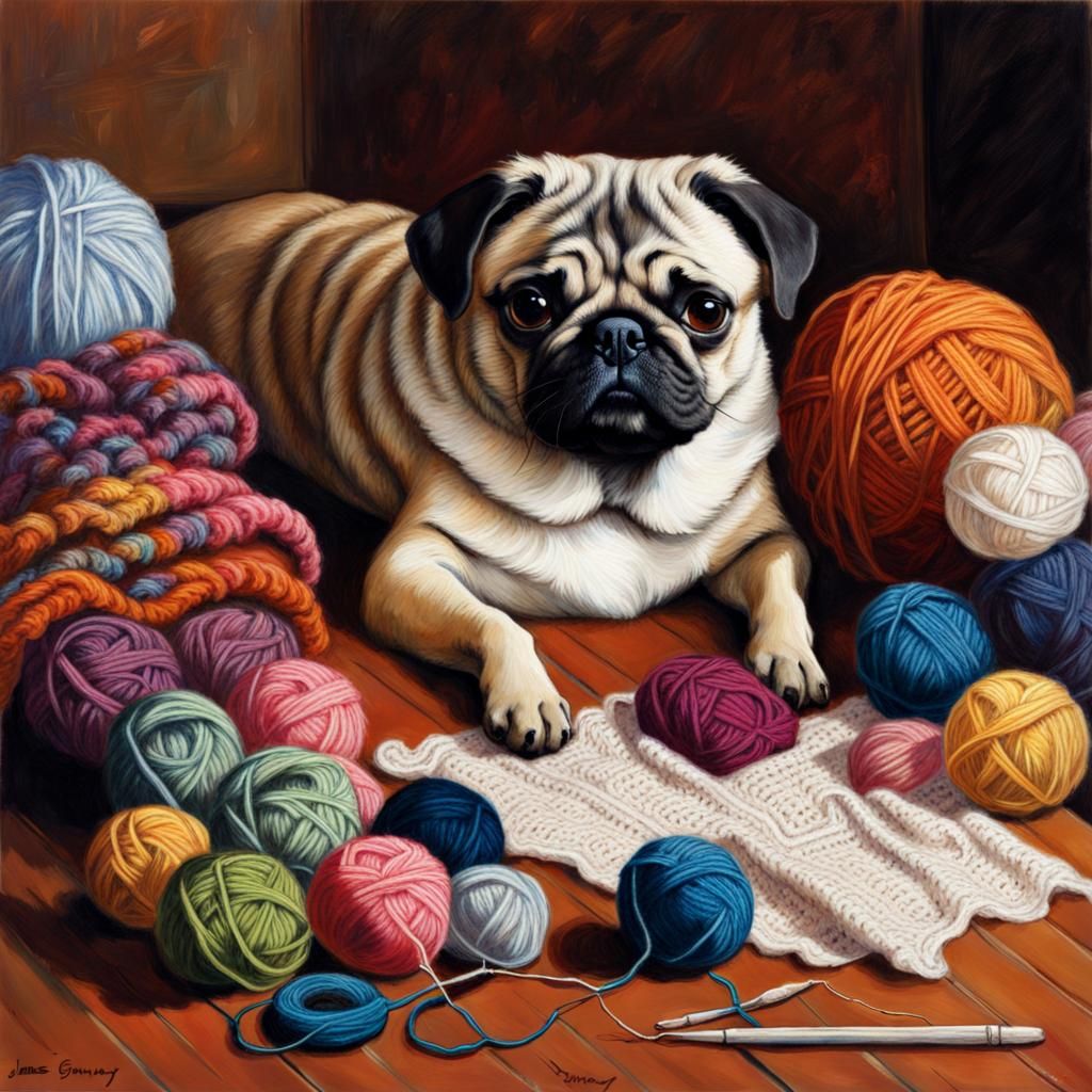 pugs helping with crochet, by James Gurney