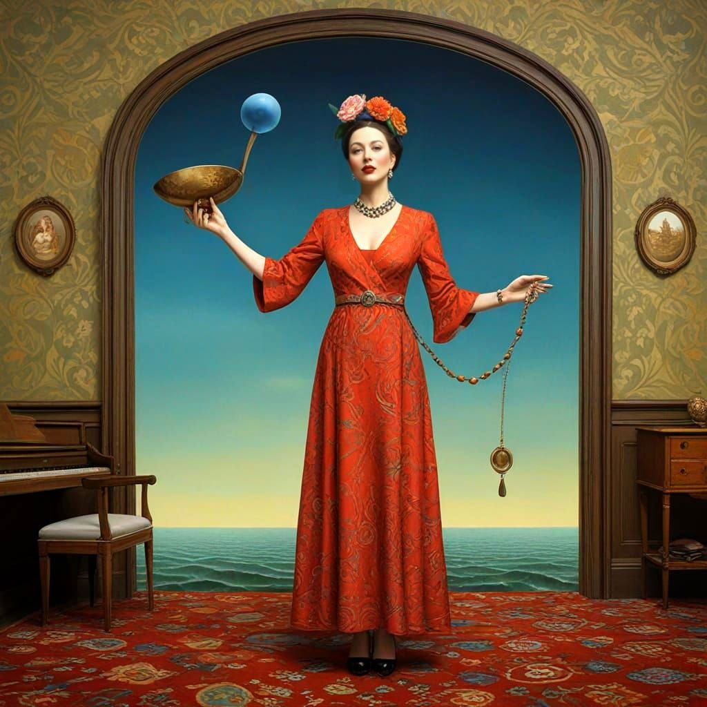 Surrealistic Portrait of a Happy Lady in Vibrant Surrounding...