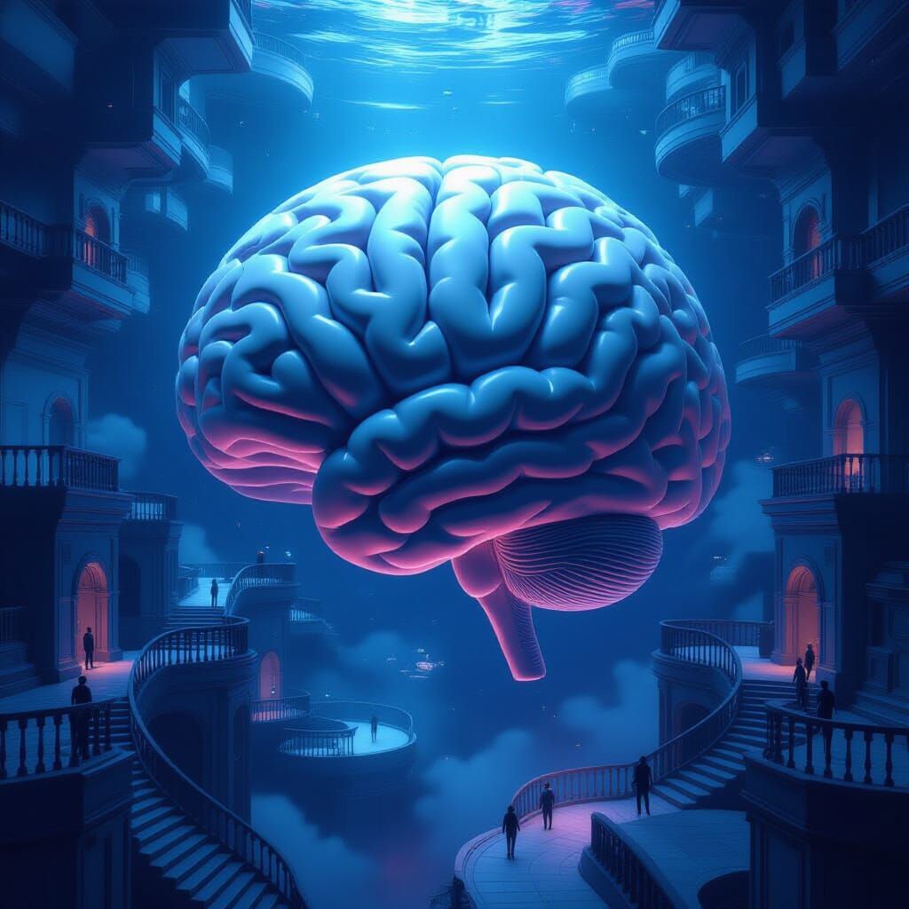 Surreal Floating Brain Labyrinth in Biomechanical Style