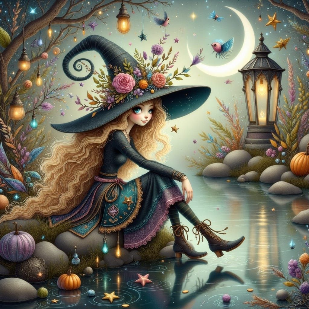 <lora:Whimsical Witches:1.0> beautiful stunning whimsical witch blonde ponytail sitting on a rock next to a reflection pond magical mystica...