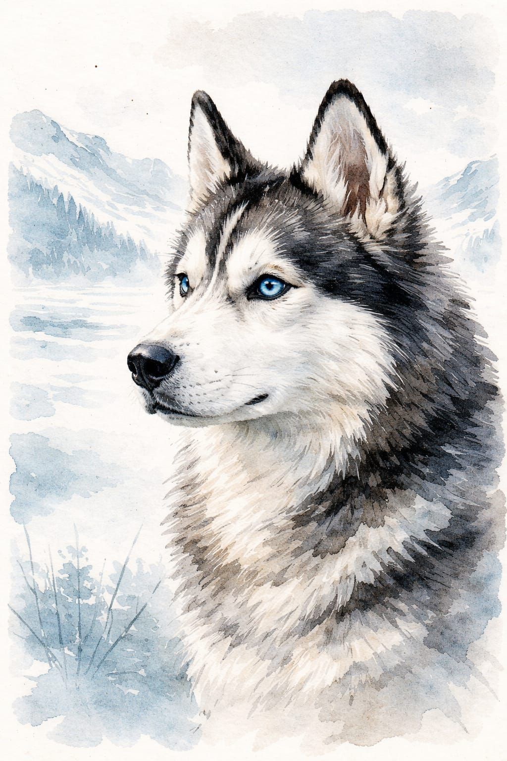 A close-up portrait of a beautiful husky dog ​​in the foreground, its head is the main element, a light profile view. Behind it is a faint s...