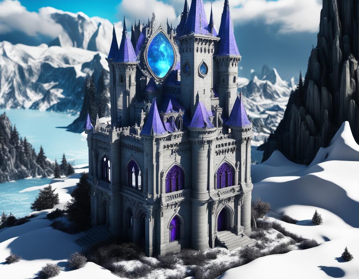 Ethereal gothic castle made of blue Labradorite stone with purple