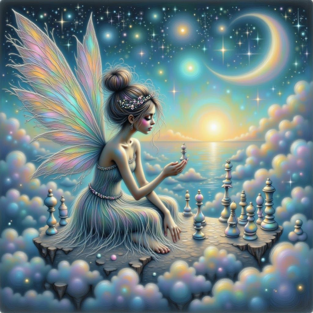 <lora:Fairy Adventures:1.0>A fairy floating across a chessboard made of clouds and glass, each piece whispering secrets — strategic and surr...