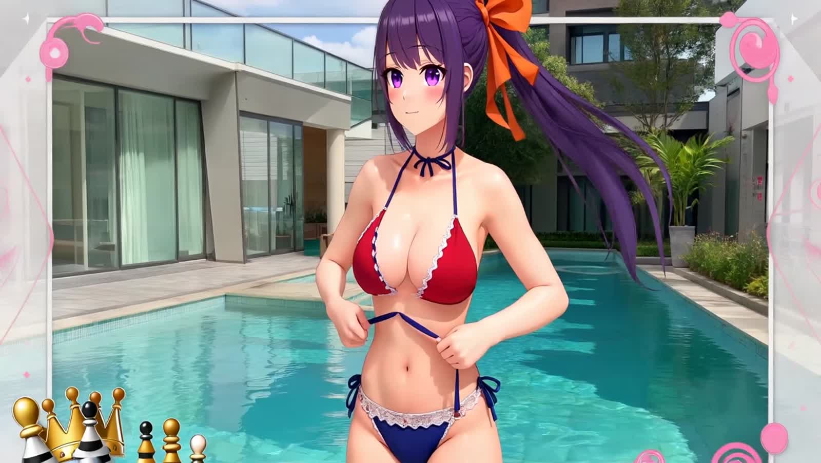 Anime-style female character with long, dark purple hair tied in a high ponytail with a large orange ribbon, standing co...