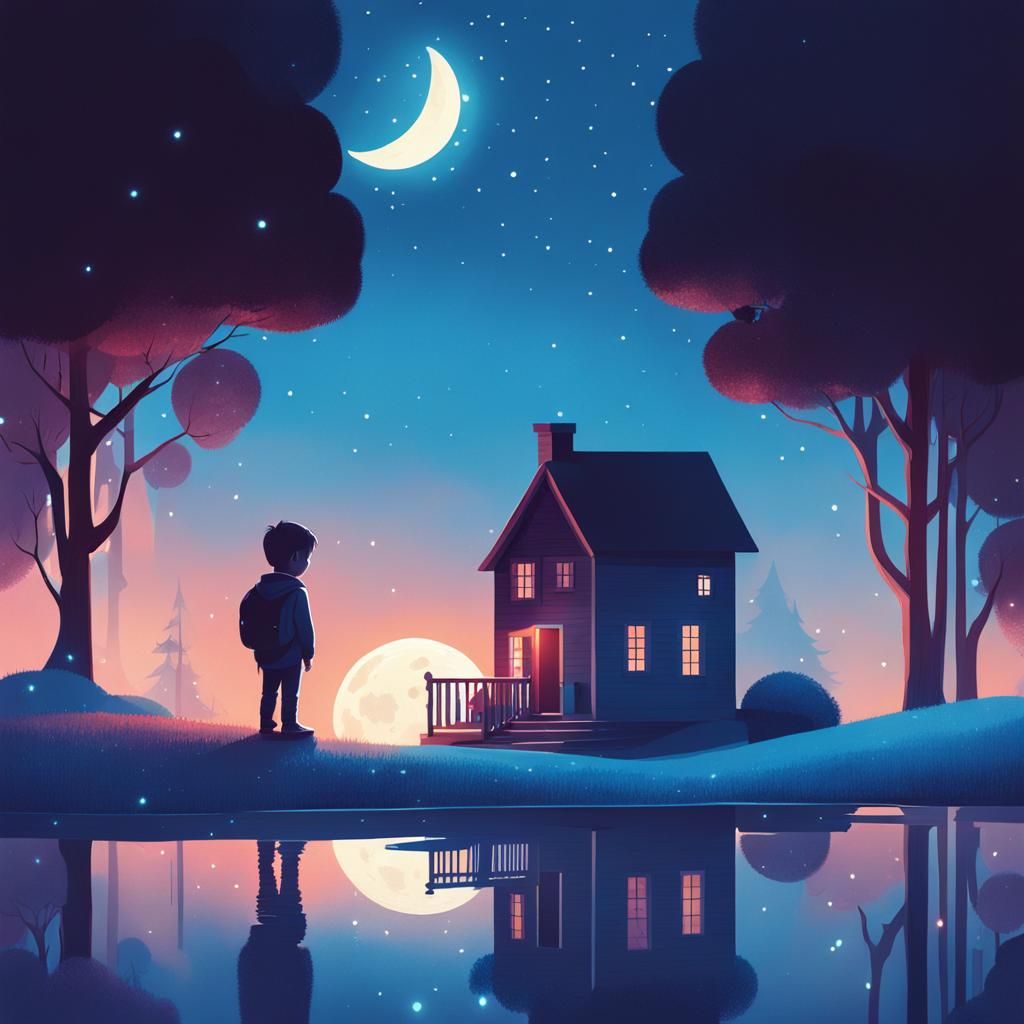 Lonely Child in Monochromatic Blue Digital Painting