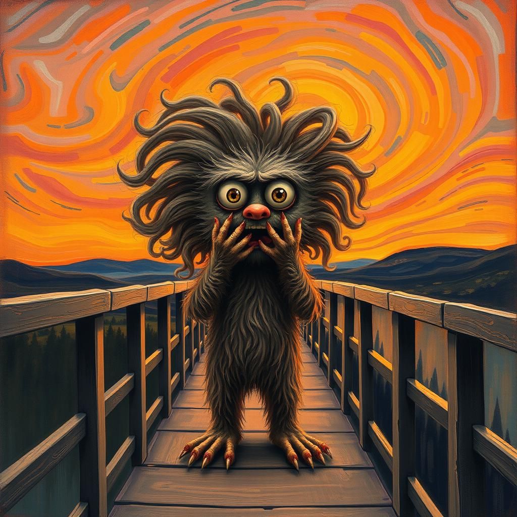 inspired by Edvard Munch’s iconic painting 'The Scream,'. A fuzzy little monster with long, curly hair ...  by @PKuTeK