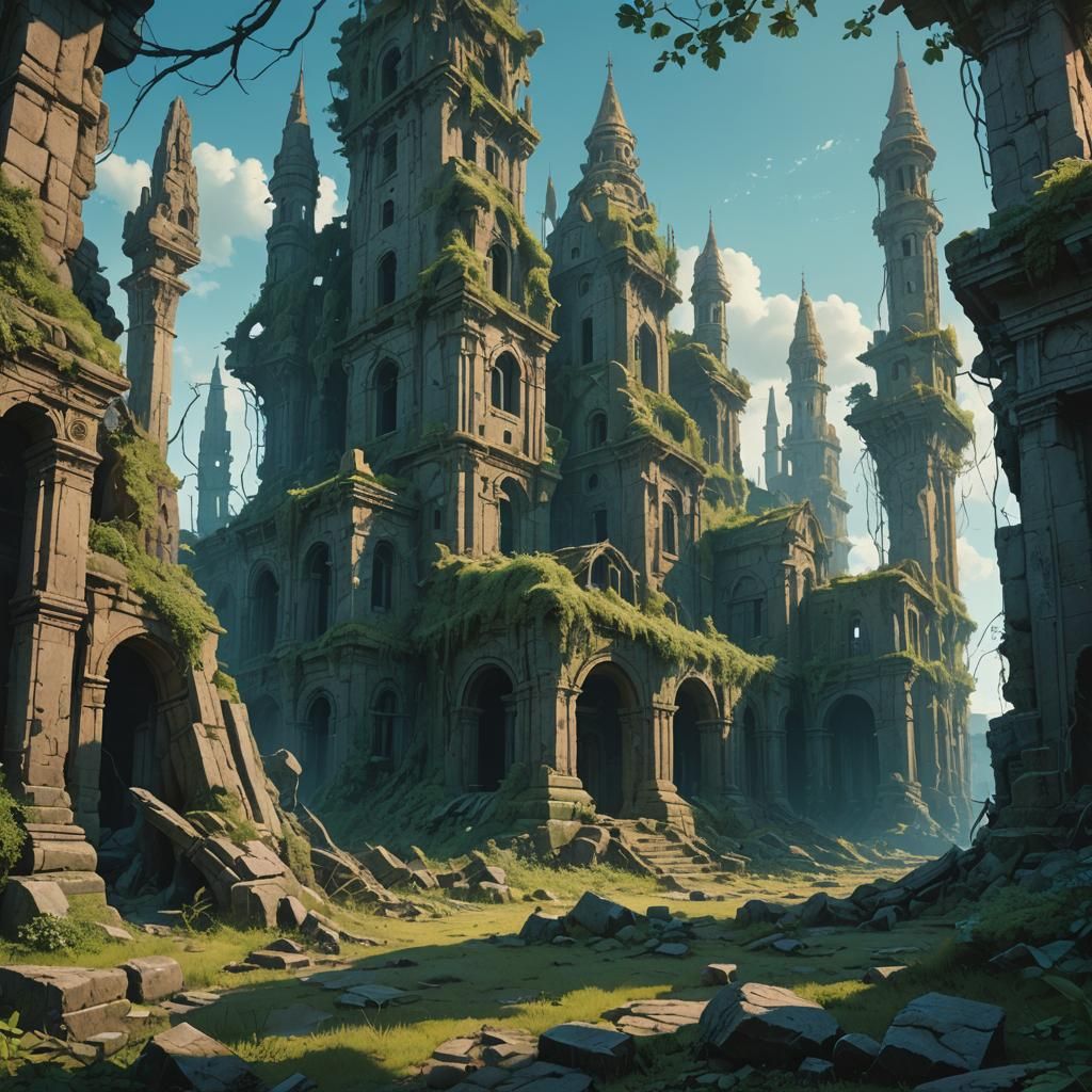Ancient Mystical City Ruins in Matte Painting Style