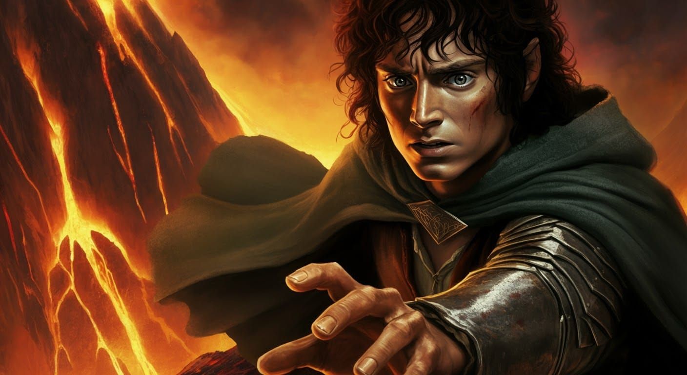 Frodo throwing the ring in fire