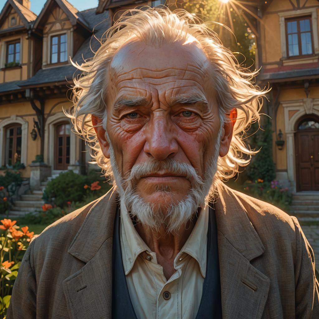 portrait of an old man in the sun in front of a country house,  head and shoulders portrait, 8k resolution ...  by @amazoon