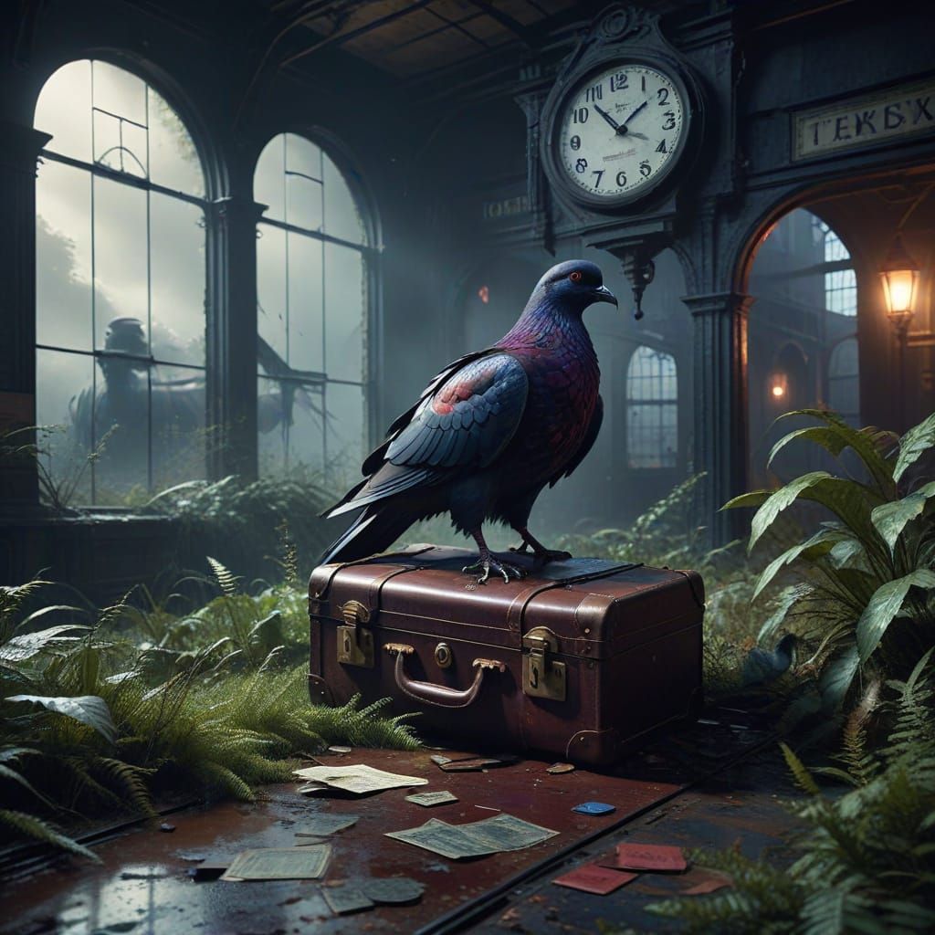 "תחנת רכבת נטושה

מזוודה עור עתיקה פתוחה עם תמונות מצהיבות
כרטיסי רכבת ישנים מפוזרים
שעון תחנה עצום ברקע עם חלודה
יונה יושבת על השעון
קרני א...