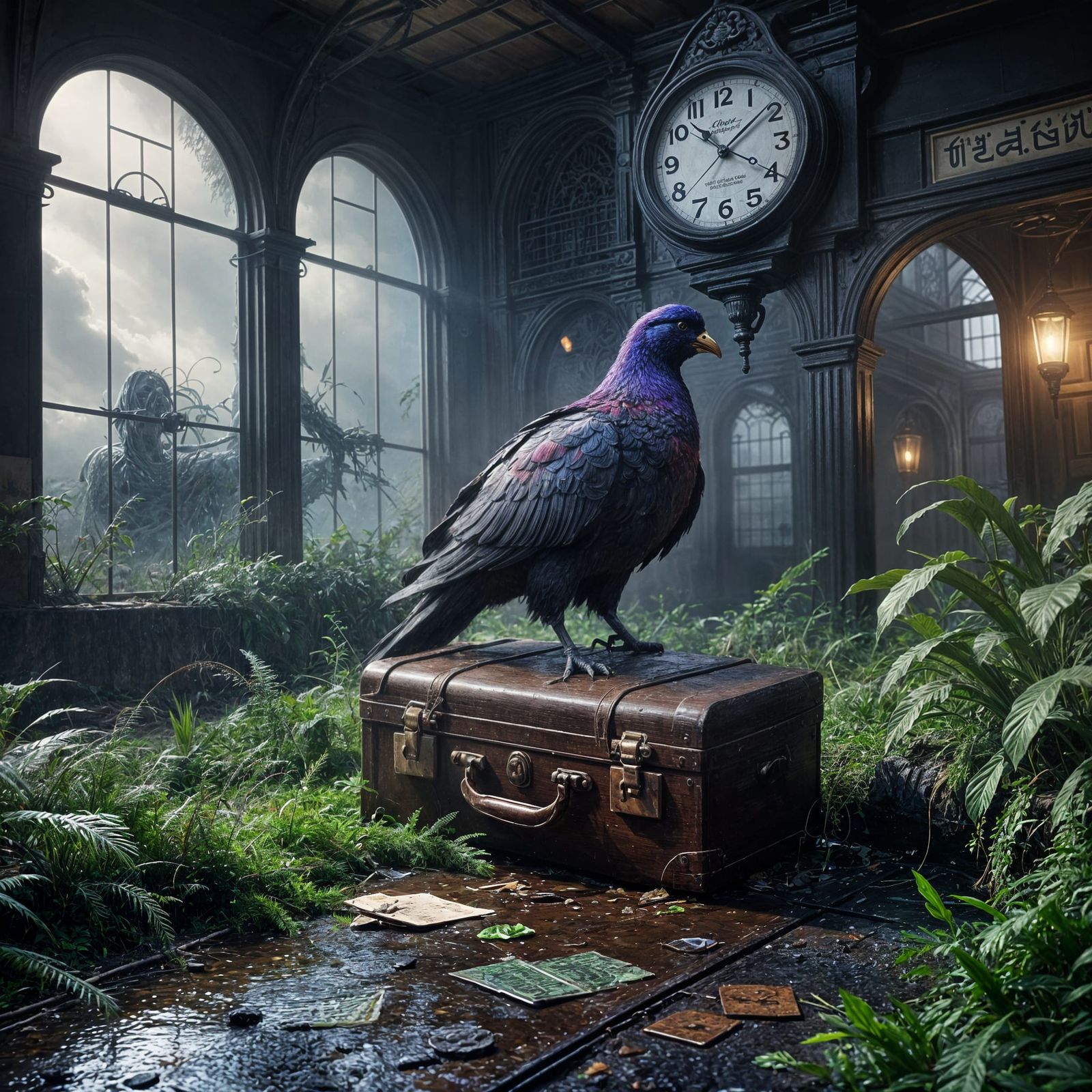 Abandoned Train Station with Open Suitcase and Old Photos