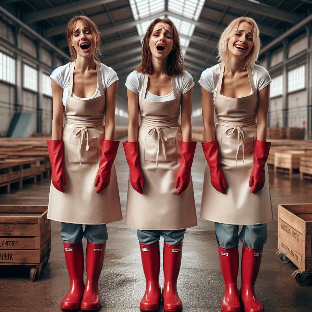 Three tired 25 year old german women with forced joyful facial expressions, standing inside an empty well-lit warehouse,...