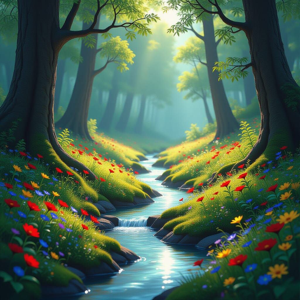 Serene Forest Clearing with Vibrant Wildflowers
