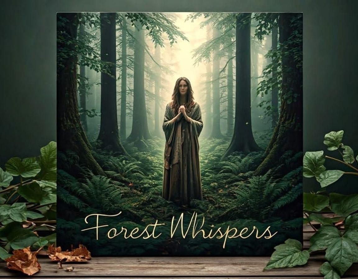 An image of a vinyl_record cover resting on a table. The record cover features a serene, ambient music artist in a tranquil forest during so...