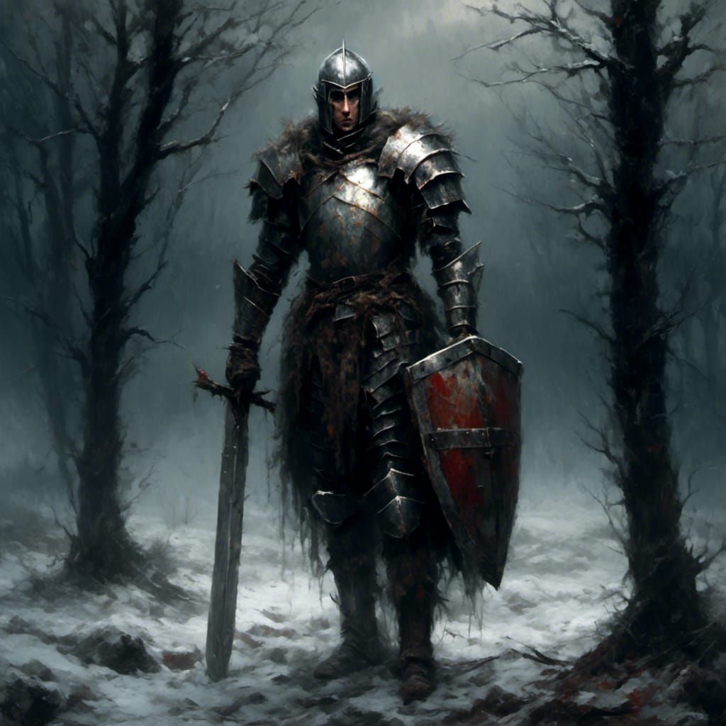 Knight wearing armour, carrying a sword and shield. Winter woodland ...