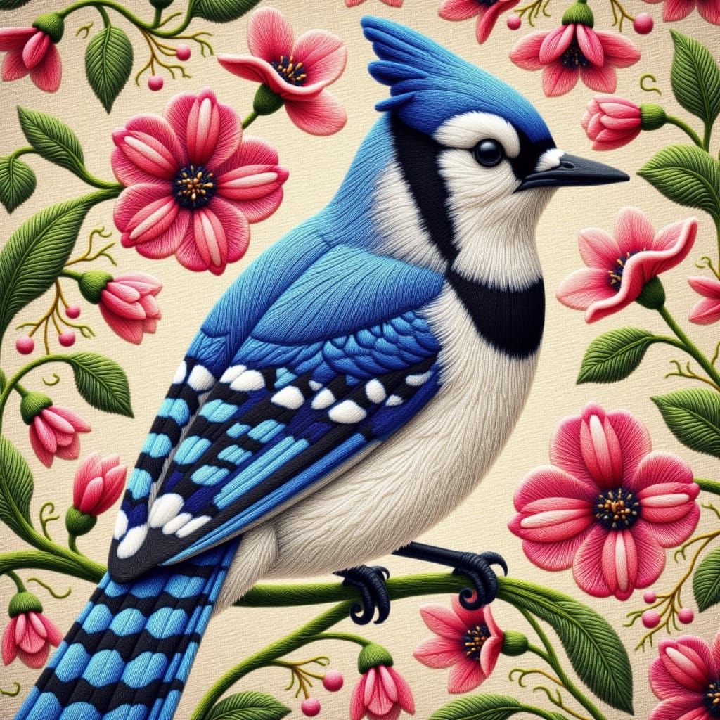 Blue Jay in pink flowers tapestry stitch <lora:Tapestry Touches 2:1.0>
