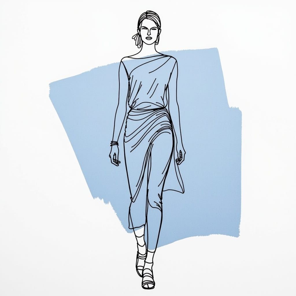  <lora:Outside The Lines:1.0> a model walking at paris fashion week, single-line drawing, swatch of blue behind her