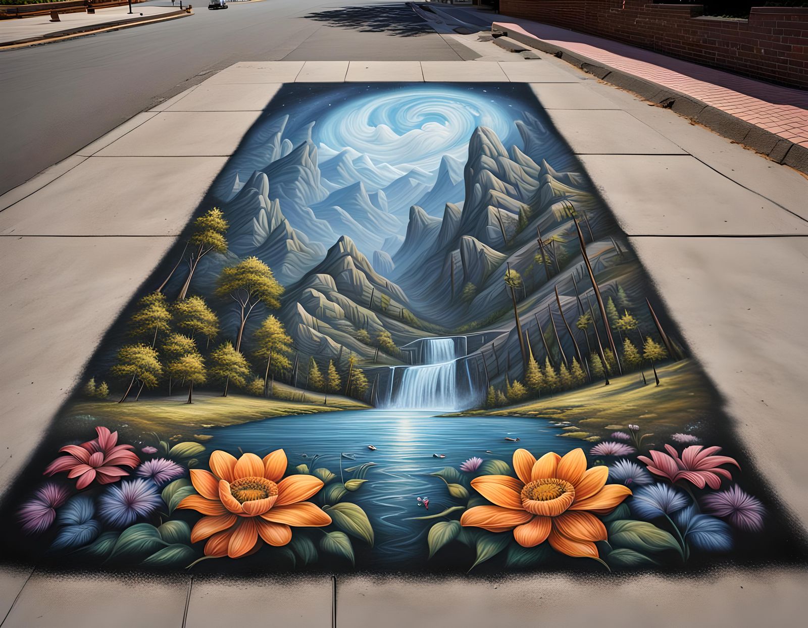 Create a Detailed Chalk Art on a Sidewalk Where the Art has Depth and Appears to Part of the Scenery  by @WDWParksGal