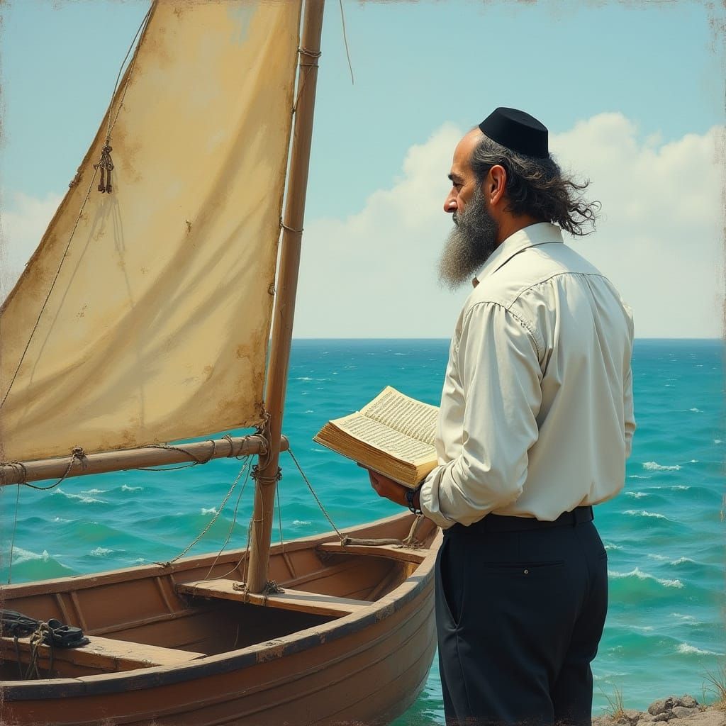 A Serene Orthodox Fisherman in a Classic Wooden Boat, Floati...