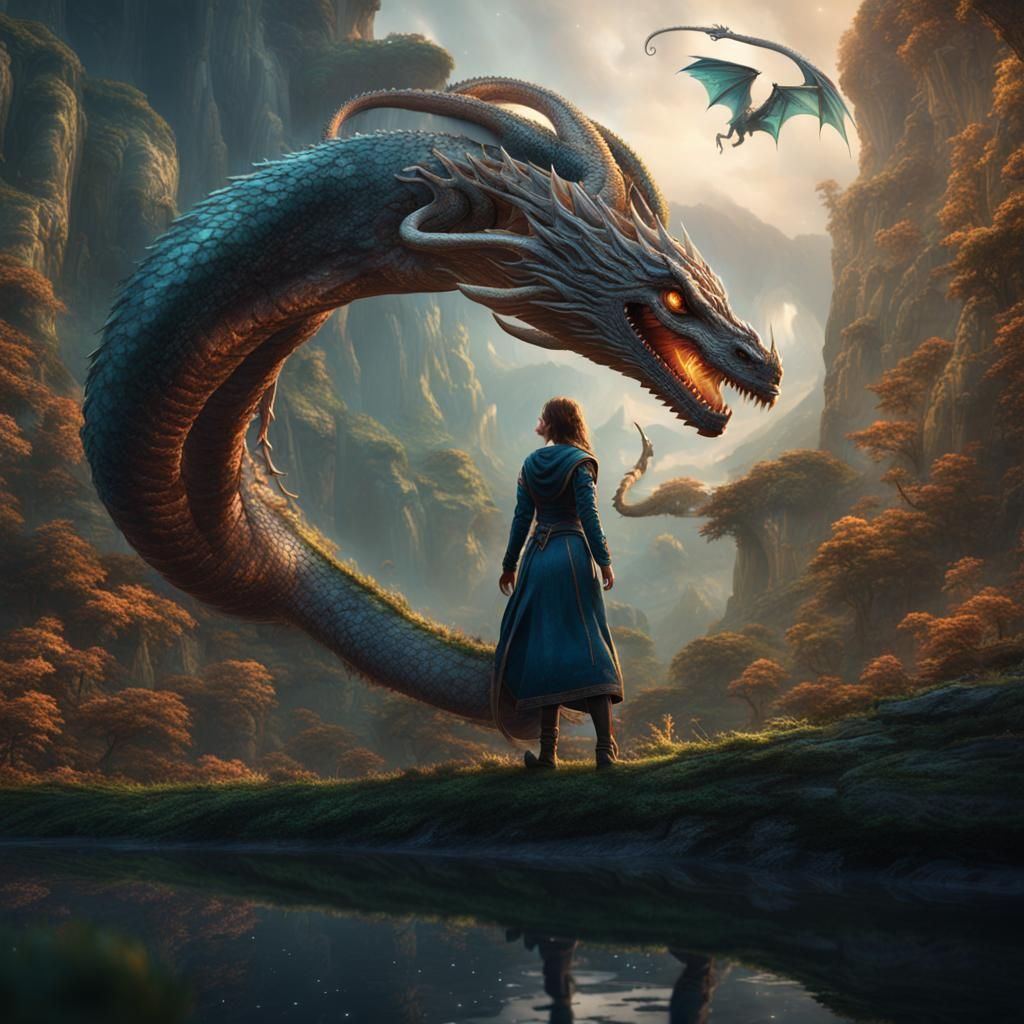 A mystical dragon snake thing flying around a girl