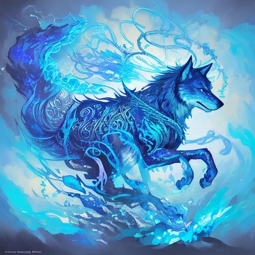 Iridescent Blue Wolf of Light and Gemstones