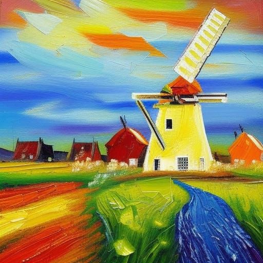 Dutch Windmill and Tulips