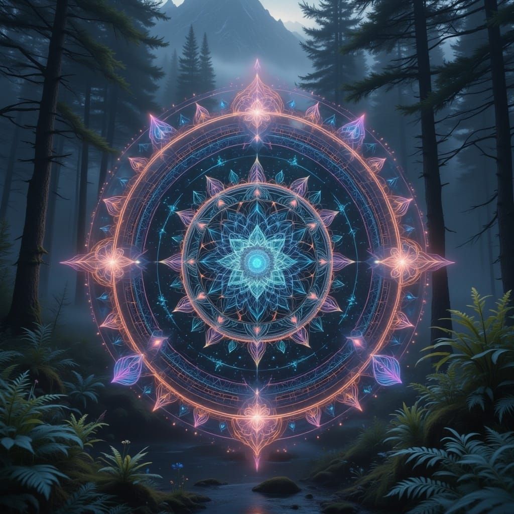 <lora:Mandala NatureBox:1.0> A mystical, glowing mandala with vibrant, neon colors ambient holographic