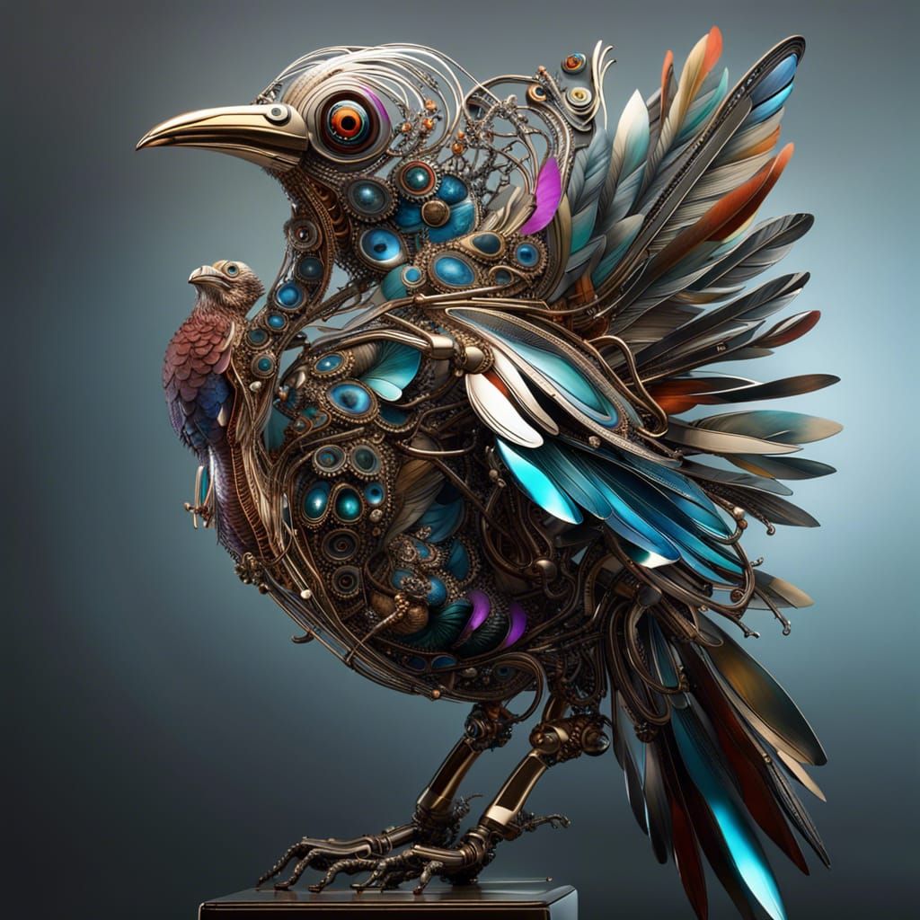 A Biomechanical Bird Perched On A Blossoming Branch, Its Feathers An ...