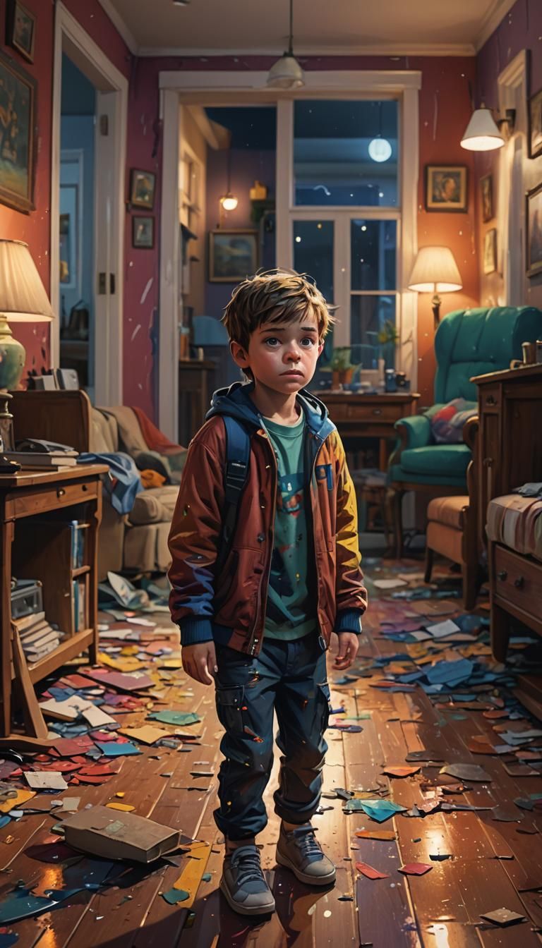 1 little boy, solo, realistic, indoor, house, night, looking...