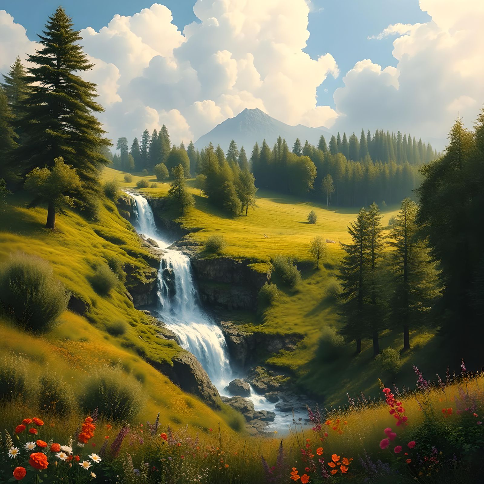 Beautiful Countryside Landscape With Waterfall