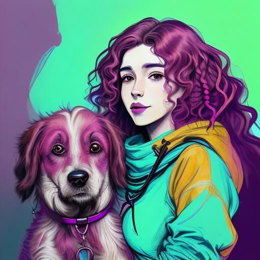 <lora:Vibrant Ink 1:1.0> portrait of a <lora:woman with curly hair:1.0> and a dog, vibrant colors, magenta and teal