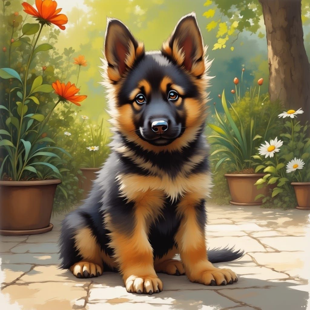 Cute German Shepherd puppy sitting on a patio, garden background, painterly <lora:Flux-Inked:1.0> 
