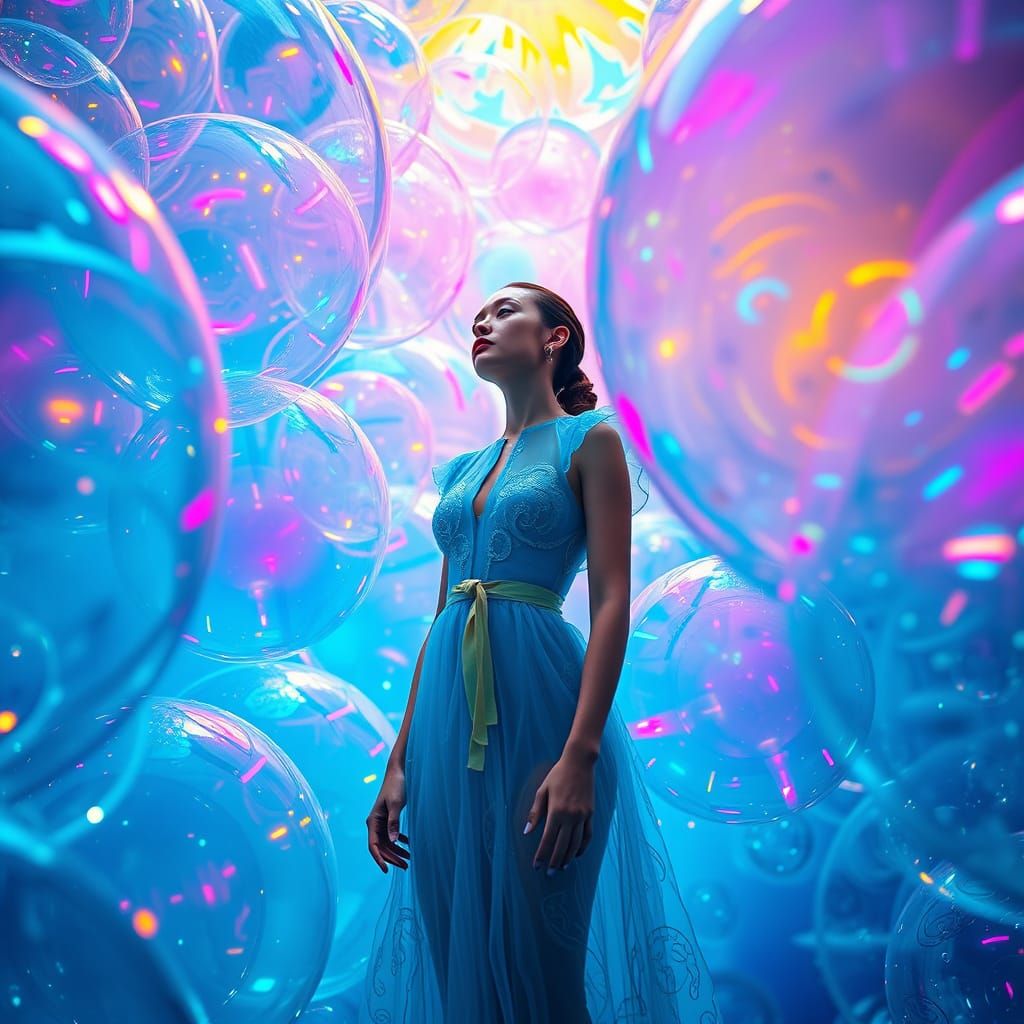 Woman in Radiant Blue Dress Amidst Kaleidoscope of Bubbles