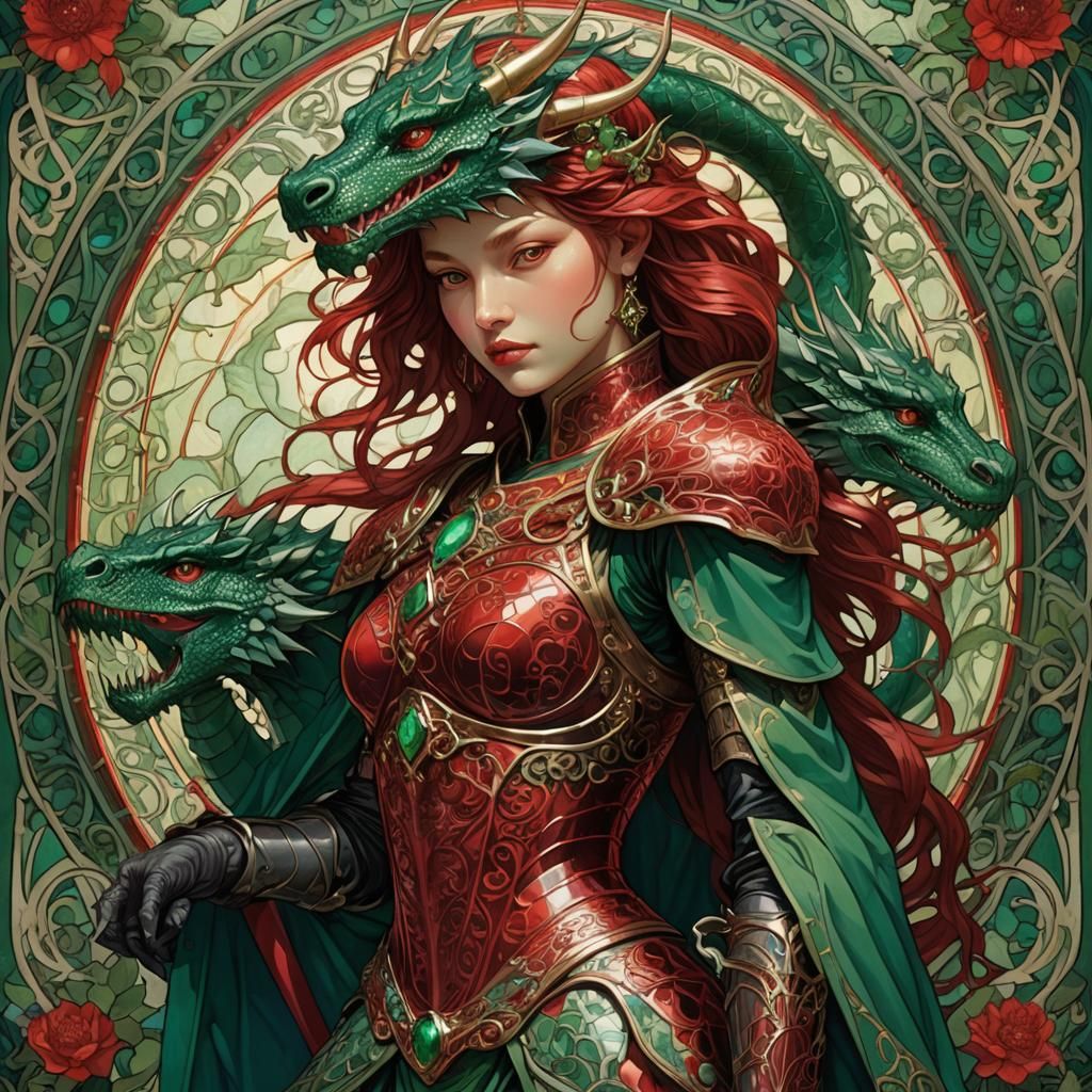 A ruby-red Woman knight on an emerald-green dragon.