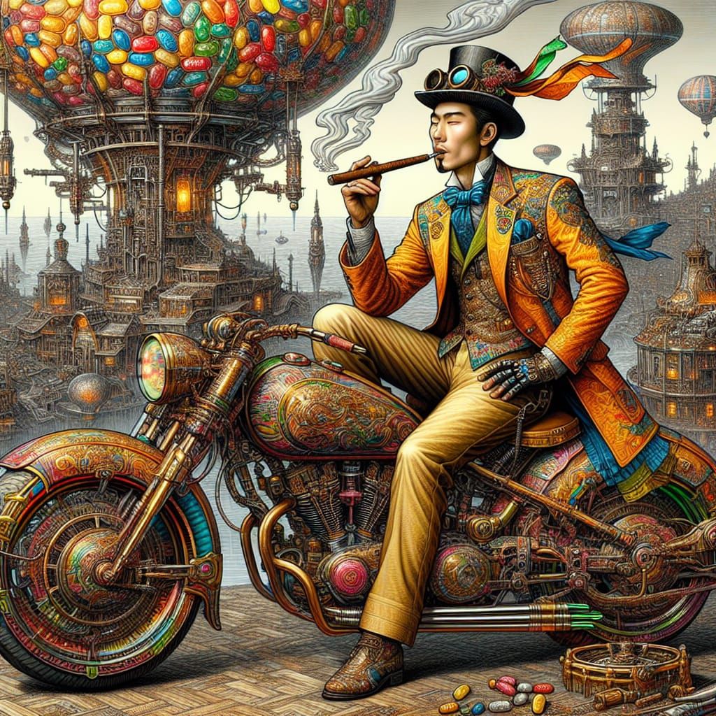 A Man in a steampunk suit with all the jellybean colors smok...