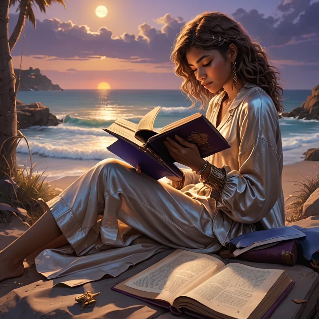 Zendaya lisant un livre relié au soleil couchant en bord de ...
