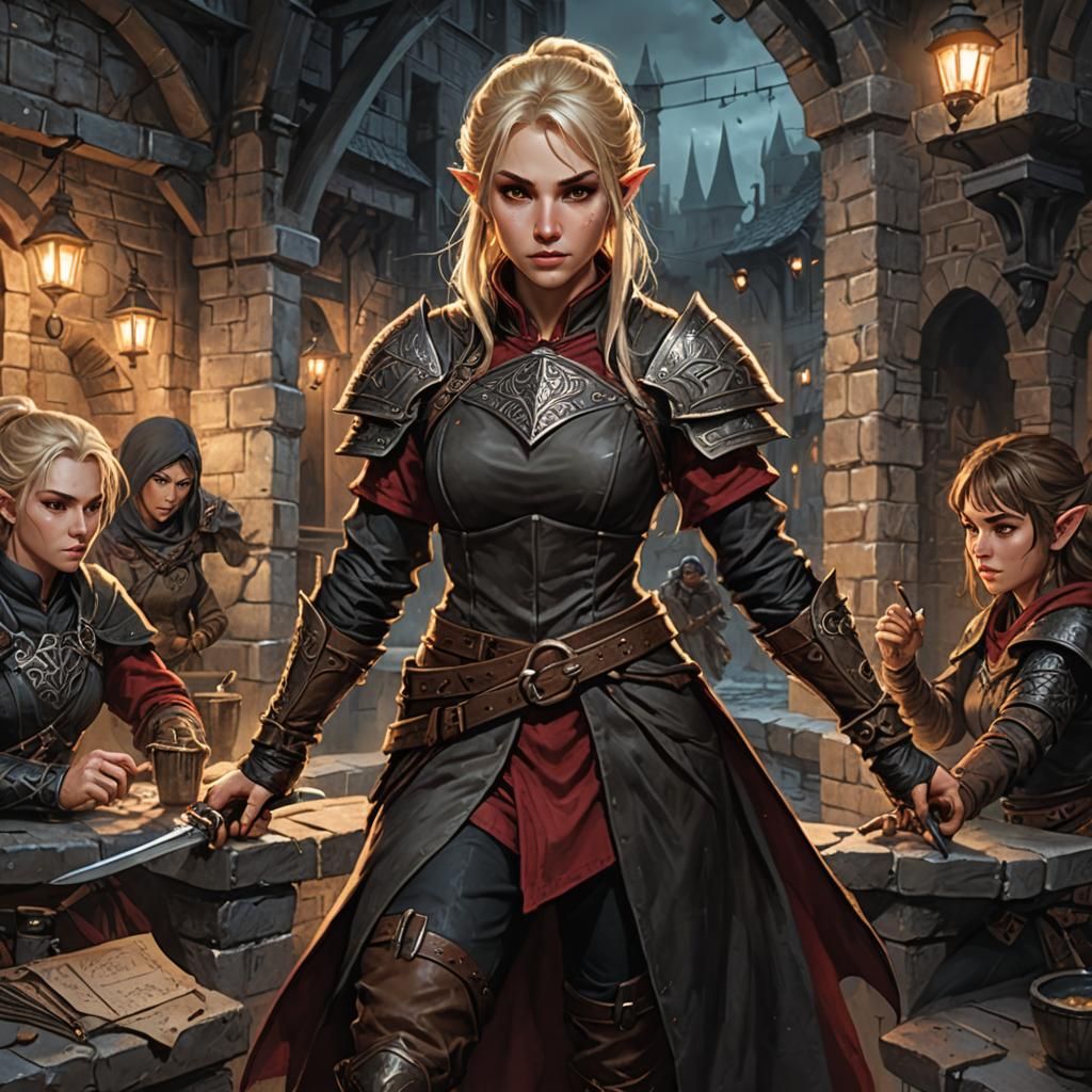 A beautiful female halfling rogue stealthily moves along a wall in a dark back alley of a fantasy city at night. She holds an elven long sw...