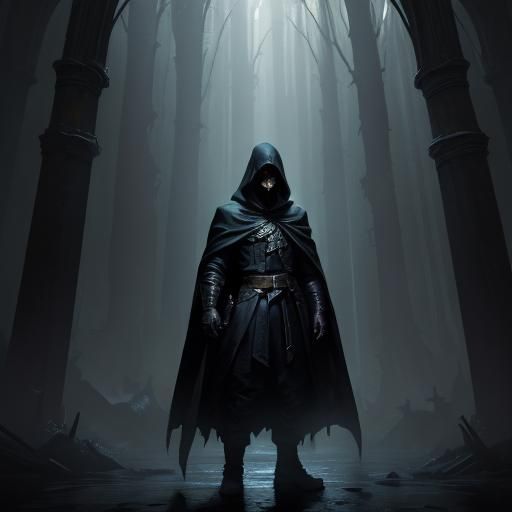 Mysterious Hooded Figure in Shadows: Dark Fantasy Art
