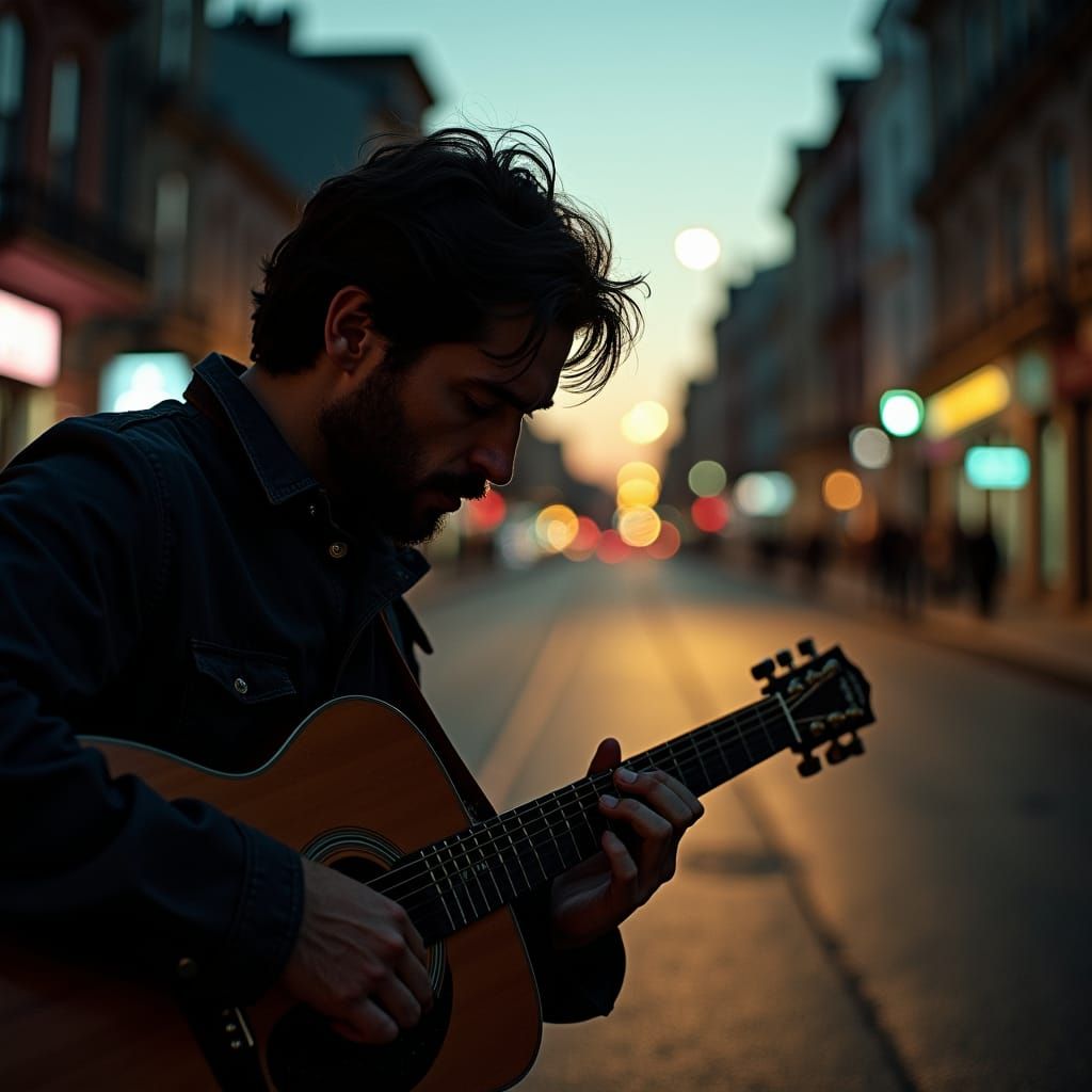 Man with Guitar in Dimly Lit Street: Cinematic Still