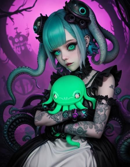 A Adorably Terrifying Pastel Punk Princess cuddling a Cthulh...