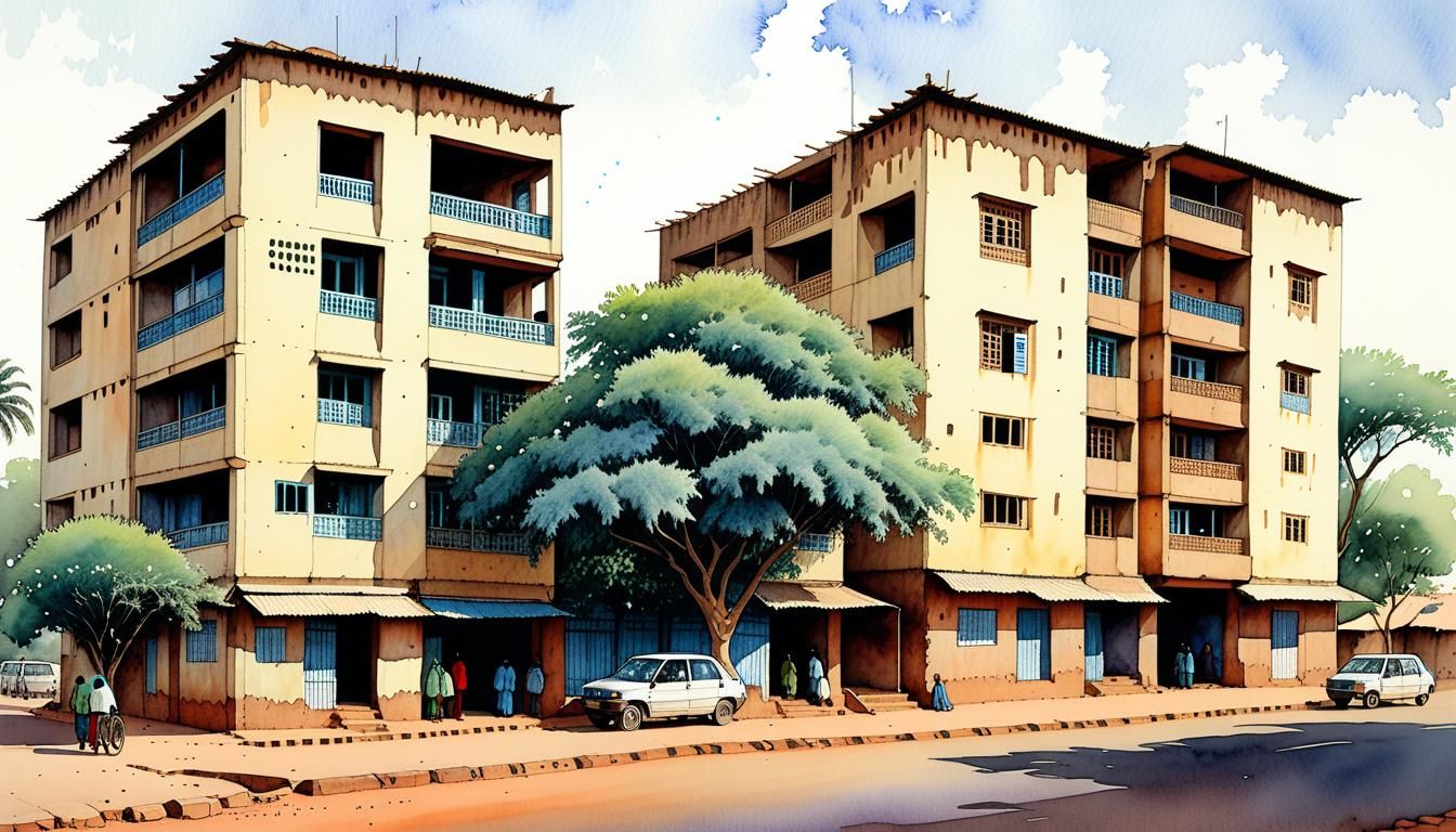 Typical buildings in Bamako. Beautiful watercolor by Moebius