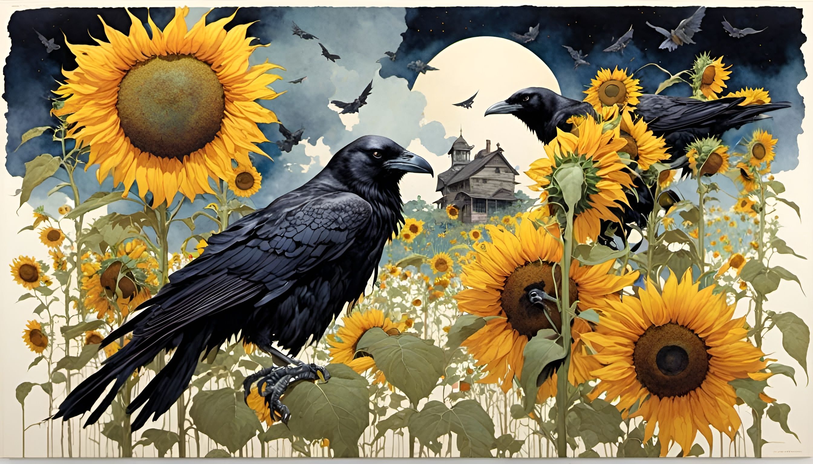 Sunflowers and Crows - AI Generated Artwork - NightCafe Creator