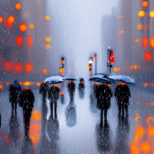 Rainy day in Manhatten. A treet view of pedestrians and Buzzling  trafiic lights.Central park.  Wide ...  by @Map