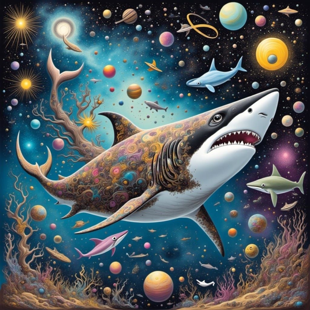 <lora:CrAzYToWn:1.0> Giant shark with a galaxy in its mouth 