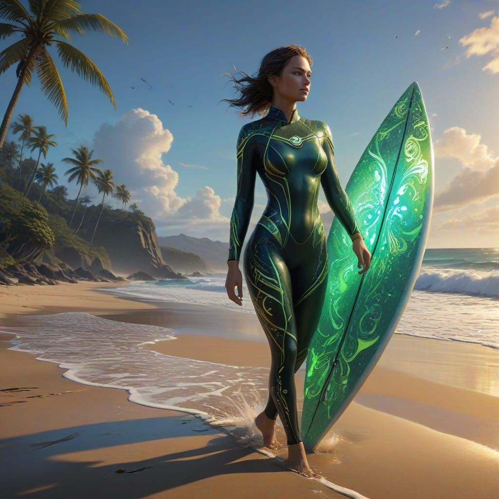 painting of a woman in a wetsuit holding a surfboard on a beach, rhads and lois van baarle, inspired ...  by @Tigerfish