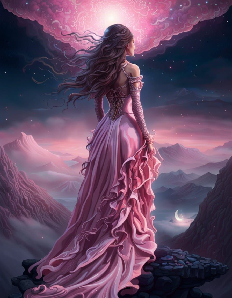 beautiful woman, long hair, back facing. wearing long pink s...
